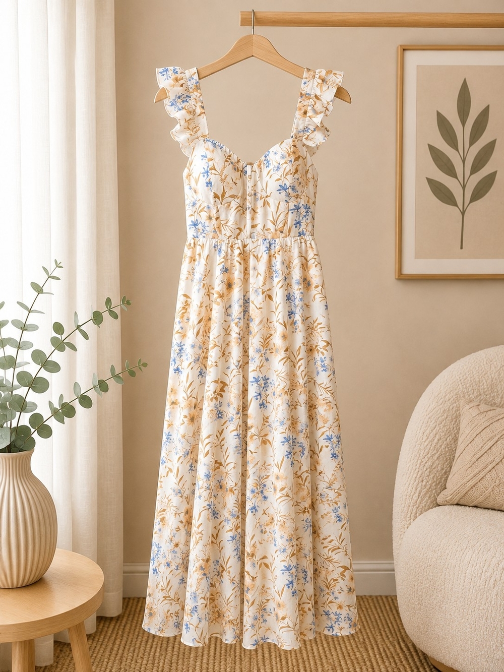 Blu Pepper Cream Floral Ruffle Strap Maxi Dress with Blue Accents